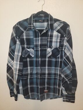 No Fear Mens M Plaid Button Up Shirt Y2K Skate Grunge Blue Black Embroidered